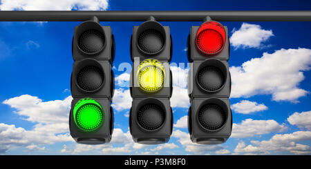 Feu vert, jaune, rouge la pendaison sur fond de ciel bleu. 3d illustration Banque D'Images