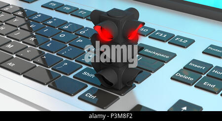 Red light concept d'entreprise. Feu de circulation, le signal d'arrêt rouge, sur un ordinateur portable. 3d illustration Banque D'Images