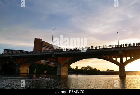 Deux filles paddle dans la soirée pour regarder la le Congrès ave les chauves-souris sortent sur le lac Coccinelle à Austin, Texas. Banque D'Images