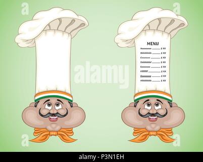 Chef indien et menu sur hat avec de la nourriture de l'Inde. Tous les objets sont dans des couches différentes et le menü types de texte n'ont pas besoin de police. Illustration de Vecteur