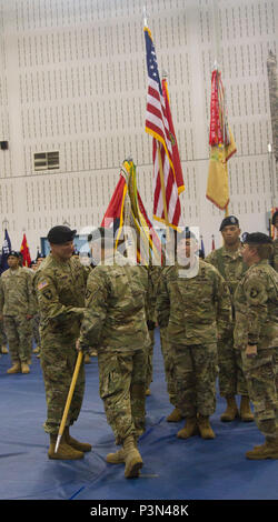 Le brig. Le général Scott Brower, commandant général de la 101st Airborne Division (Air Assault), passe les couleurs au colonel Stanley J. Sliwinski, nouveau commandant pour la 101ème Abn. Div. La Brigade de soutien "Lifleiners", au cours de la modification de la commande cérémonie au centre de remise en forme physique Sabo à Fort Campbell, Kentucky, le 8 juillet 2016. (U.S. Photo de l'armée par le Sgt. Neysa Canfield, 101e Airborne Brigade Soutien Affaires publiques) Banque D'Images