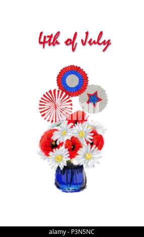 Petit Arrangement floral du 4 juillet avec couleur patriotique cocardes et les étoiles. Daisy et bouquet de pavot avec décor tricolore pour Clip du 4 juillet l'art. Banque D'Images