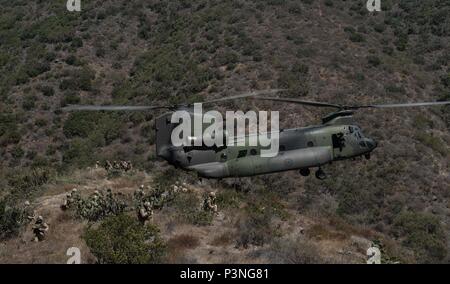 CAMP PENDLETON, en Californie (15 juillet 2016) - Les snipers, les explorateurs et les membres de reconnaissance, du 2e Bataillon du Royal 22e Régiment, effectuer l'insertion et l'extraction par Helicopter Training avec un hélicoptère CH-147F Chinook au cours de Rim of the Pacific 2016 Le Camp Pendleton à San Diego, Californie. Vingt-six nations, plus de 40 navires et sous-marins, plus de 200 avions et 25 000 personnes participent à l'EXERCICE RIMPAC du 30 juin au 4 août, dans et autour des îles Hawaï et la Californie du Sud. Le plus grand exercice maritime international, RIM Banque D'Images