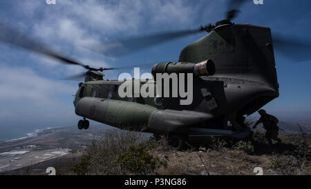 CAMP PENDLETON, en Californie (15 juillet 2016) - Gendarmerie royale du Snipers, Pathfinders et membres de reconnaissance, du 2e Bataillon du Royal 22e Régiment, effectuer l'insertion et l'extraction par Helicopter Training avec un hélicoptère CH-147F Chinook au cours de Rim of the Pacific 2016 Le Camp Pendleton à San Diego, Californie. Vingt-six nations, plus de 40 navires et sous-marins, plus de 200 avions et 25 000 personnes participent à l'EXERCICE RIMPAC du 30 juin au 4 août, dans et autour des îles Hawaï et la Californie du Sud. Le plus grand exercice maritime international Banque D'Images