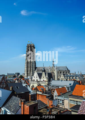 Vue panoramique sur la vieille ville de Malines et la Cathédrale Saint Rumbold, dans la province d'Anvers, Belgique Banque D'Images