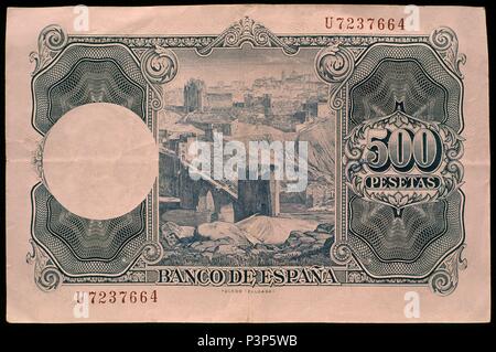 BILLETE DE 500 pesetas 1954-REVERSO. Emplacement : Banco de España-DOCUMENTOS, MADRID. Banque D'Images