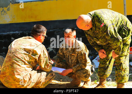 L'viv, Ukraine -- le colonel de l'armée (270-470 Vikter Sphin, commandant adjoint de l'Agence internationale de maintien de la paix et à la sécurité (au centre) discute avec le capitaine de l'armée américaine Jason Ayres (à gauche) et de l'Armée canadienne l'Adjudant-maître Luc Desrochers (droite) à propos de la nouvelle gamme bâtiment des opérations ici. Group-Ukraine multinational interarmées est axée sur le développement de l'IPSC en une période d'instruction au combat par la mise en œuvre, l'élaboration ou l'amélioration de capacités telles que l'infrastructure, l'équipement, de cadets, de la doctrine et les procédures normales d'exploitation. (Photo de l'armée par le Capitaine Scott Kuhn) Banque D'Images