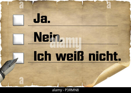 Case à cocher avec l'inscription en allemand "Oui, Non, je ne sais pas" sur l'ancien document papier. Banque D'Images