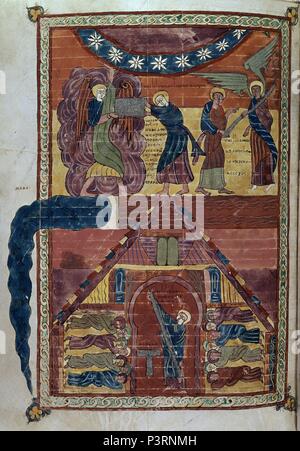 COMENTARIOS AL APOCALIPSIS, EL ANGEL PODEROSO COMER HACE EL LIBRO UN JUAN Y ESTE MIDE EL TEMPLO, LE PROCEDE DE VALCAVADO - SIGLO X. Auteur : Beatus de Liébana (ch. 730-c. 798). Emplacement : BIBLIOTECA DE LA UNIVERSIDAD DE VALLADOLID, ESPAGNE. Banque D'Images