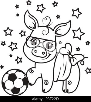 Cute cartoon pig avec un ballon de football. Vector illustration. Coloriage Illustration de Vecteur