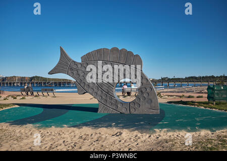 Un gros poisson sculpture intitulée Cruising en béton à la jetée laisses, Coffs Harbour, Nouvelle-Galles du Sud, Australie Banque D'Images