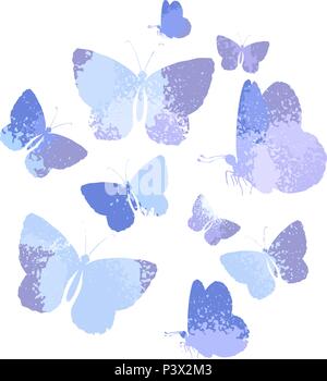 La conception, l'ensemble des silhouettes de papillons bleu aquarelle isolé sur fond blanc. Illustration de Vecteur