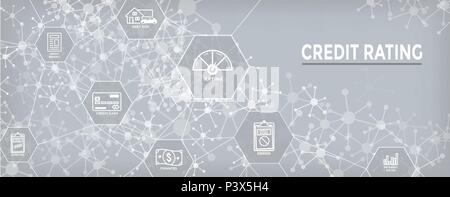 En-tête de la cote de crédit de la dette, la bannière Web w, carte de crédit et votre pointage de crédit Icon Set Illustration de Vecteur
