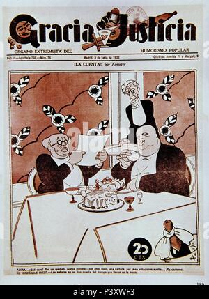 PORTADA DE UN NUMÉRO DE LA REVISTA GRACIA Y Justicia 1933 - CARICATURAS DE LA II RÉPUBLIQUE. Auteur : Areuger (1881-1937). Emplacement : Teatro Real, MADRID, ESPAGNE. Banque D'Images