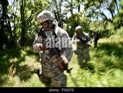 Au cours de la formation de l'unité assemblée générale juillet, le 932e Escadron des Forces de sécurité de l'Escadre de transport aérien est concentré sur les compétences essentielles de la formation de guerre, afin de les préparer pour n'importe quel des situations de déploiement. À gauche, le s.. Nathan Long, chef de l'équipe incendie, navigue dans les bois près de Scott Air Force Base, juillet, 9, 2016, comme les membres de son équipe effectuer tirer, déplacer et communiquer les manoeuvres. L'action offerte SFS aviateurs pratique prévoient couvrir le feu, tandis que les membres de l'équipe s'installe à couvrir. (U.S. Air Force photo de Tech. Le Sgt. Christopher Parr) Banque D'Images