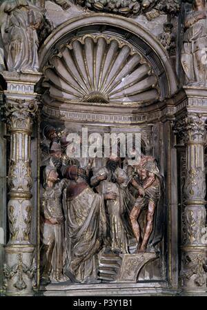 RETABLO MAYOR-DET. Auteur : Damià forment (1480-1540). Emplacement : CATEDRAL, Barbastro, HUESCA, ESPAGNE. Banque D'Images