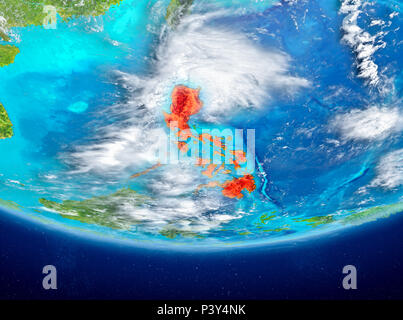 Philippines a souligné en rouge sur la planète Terre avec des nuages. 3D illustration. Éléments de cette image fournie par la NASA. Banque D'Images