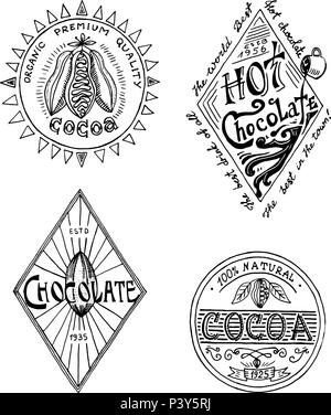 Le cacao et chocolat chaud. logos vintage moderne insignes pour la boutique menu. Vector illustration style de calligraphie. Pour les profilés, les étiquettes. Gravé à la main . dans de vieux croquis. Illustration de Vecteur