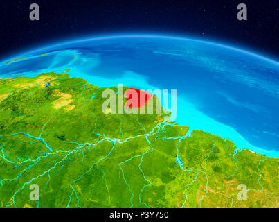Vue satellite de la Guyane française en rouge sur la planète Terre. 3D illustration. Éléments de cette image fournie par la NASA. Banque D'Images