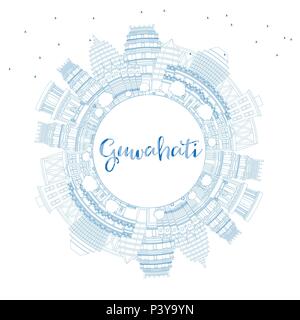 Décrire l'Inde Guwahati City Skyline bleu avec les bâtiments et l'espace de copie. Vector Illustration. Les voyages d'affaires et tourisme Concept Illustration de Vecteur