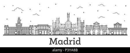 Madrid Espagne aperçu sur les toits de la ville avec ses bâtiments historiques isolé sur blanc. Vector Illustration. La ville de Madrid avec repères. Illustration de Vecteur