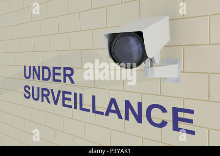 3D illustration de sous surveillance caméra de sécurité sous le titre qui est monté sur mur de brique Banque D'Images