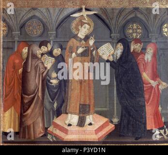 Retable de San Esteban DE GUALTER - DETALLE DE SAN ESTEBAN CON LOS DOCTORES - SIGLO XIV - GOTICO CATALAN. Auteur : Jaume Serra (fl. 1356-1390). Endroit : Museu Nacional d'Art de Catalogne, Barcelone, Espagne. Banque D'Images