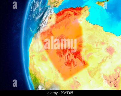 La carte de l'Algérie vu de l'espace sur la planète Terre avec des nuages et de l'atmosphère. 3D illustration. Éléments de cette image fournie par la NASA. Banque D'Images