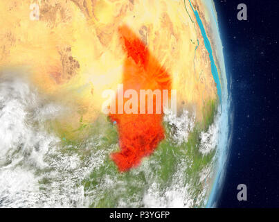 Vue de l'espace du Tchad en rouge sur la planète Terre avec atmosphère. 3D illustration. Éléments de cette image fournie par la NASA. Banque D'Images