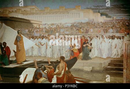 EMBARQUE DE MARCO ATILIO REGULO UN CARTAGO (APOYO TRAS LA PAZ) - GUERRA PUNICA - FRESCO SIGLO XIX. Auteur : Cesare Maccari (1840-1919). Lieu : Palais Madama-SENADO, ITALIA. Banque D'Images