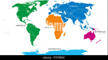 Cinq continents, carte du monde politique, avec des frontières. Afrique, Amérique, Antarctique, Asie, Australie et Europe. Projection Robinson. L'étiquetage en anglais. Banque D'Images
