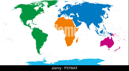 Cinq continents, carte du monde. L'Afrique, l'Amérique, l'Antarctique, l'Australie et de l'Eurasie. Contours et formes colorées sous projection Robinson. Banque D'Images