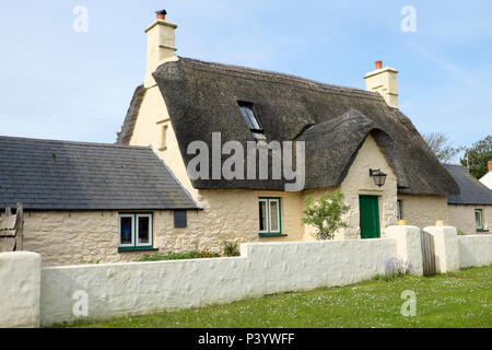 Une maison en pierre au toit de chaume dans le village de Marloes au printemps de l'ouest de Pembrokeshire Wales, UK KATHY DEWITT Banque D'Images