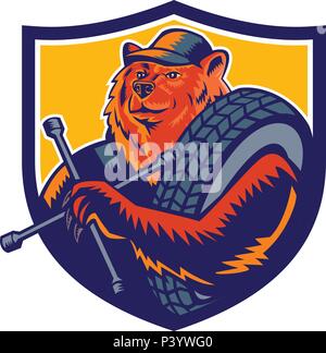 L'icône de mascotte illustration de buste d'un ours tireman ou tire, l'homme tenant une clé à douille ou pneu à pneu sur l'intérieur de l'épaule cimier écu Illustration de Vecteur