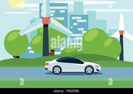 Télévision vecteur d'une voiture électrique blanc en face d'éoliennes. Sur les toits de la ville en arrière-plan. Illustration de Vecteur