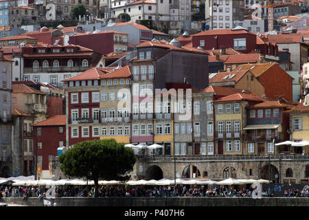 Terrasses de café le long du bord de la rivière Douro, Porto Portugal Banque D'Images