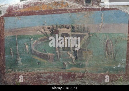 Paysage nilotique, avec une statue de la déité Isis-Fortuna dans une aedicula représenté dans la fresque romaine dans l'été romain triclinium (salle à manger) de la maison de l'éphèbe (Casa dell'Efebo) dans le site archéologique de Pompéi (Pompei) près de Naples, Campanie, Italie. Banque D'Images