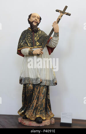 Saint François Xavier. Statue en bois polychrome Baroque par l'artisanat portugais datant du 18e siècle dans l'église Clérigos (Tour des Clercs) à Porto, Portugal. Banque D'Images