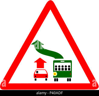 Faire place à red bus avertissement triangulaire panneau routier isolé sur fond blanc Banque D'Images