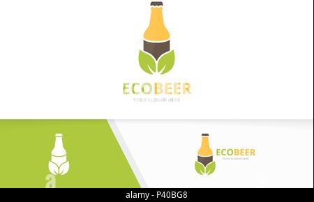 Logo vectoriel bouteille et combinaison des feuilles. La bière et le symbole eco ou l'icône. L'alcool et l'unique modèle de conception de logo biologique. Illustration de Vecteur