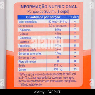 Embalagem de leite com destaque Para informações nutricionais. Banque D'Images