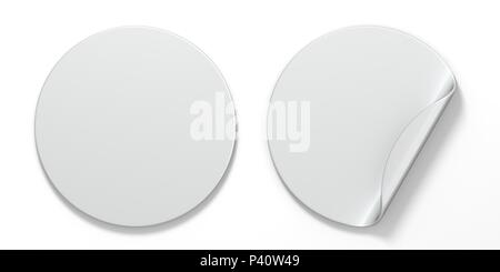 Blank cercle blanc autocollants avec rendu 3D angle illustration isolé sur fond blanc Banque D'Images