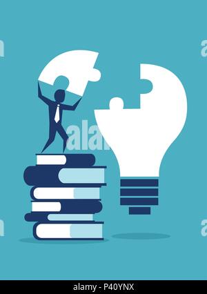 L'homme d'affaires réussi ou student standing on pile of books remplissant puzzle ampoule Illustration de Vecteur