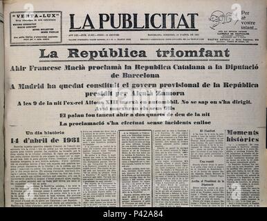 PORTADA DE LA PUBLICIDAD 15/4/1931- PROCLAMACION REPUBLICA-PRENSA CATALANA. Lieu : Musée historique, Barcelone, Espagne. Banque D'Images