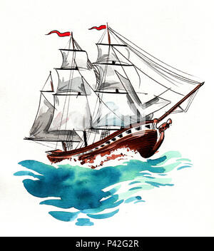 Bateau à voile dans la mer. Encre et aquarelle Banque D'Images