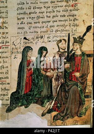 LIBRO DE LOS CASTIGOS DEL REY SANCHO IV DE CASTILLE - "JUICIO DE SALOMON" - FOL 14 - SIGLO XIII. Auteur : Sancho IV de Castille le Brave (1258-1295). Emplacement : BIBLIOTECA NACIONAL-COLECCION, MADRID, ESPAGNE. Banque D'Images