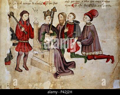 LIBRO DE LOS CASTIGOS DEL REY SANCHO IV DE CASTILLE 'INFANTE SANCHO IV PRÉSENTATION VASALLAJE AL REY' - SIGLO XIII. Auteur : Sancho IV de Castille le Brave (1258-1295). Emplacement : BIBLIOTECA NACIONAL-COLECCION, MADRID, ESPAGNE. Banque D'Images