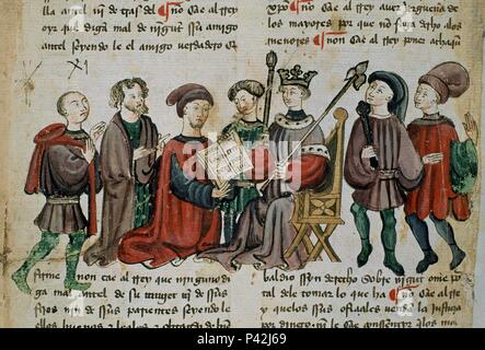 LIBRO DE LOS CASTIGOS DEL REY SANCHO IV - 'PRESENTACION DE LIBRO AL REY' - 21V FOL - SIGLO XIII. Auteur : Sancho IV de Castille le Brave (1258-1295). Emplacement : BIBLIOTECA NACIONAL-COLECCION, MADRID, ESPAGNE. Banque D'Images