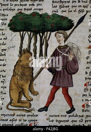 LIBRO DE LOS CASTIGOS DEL REY SANCHO IV DE CASTILLE - 'SAN DANIEL ENTRA EN BOSQUE FOL' 47V - SIGLO XIII. Auteur : Sancho IV de Castille le Brave (1258-1295). Emplacement : BIBLIOTECA NACIONAL-COLECCION, MADRID, ESPAGNE. Banque D'Images