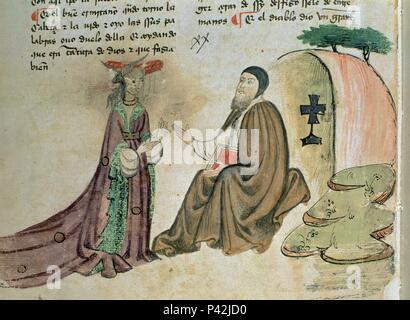 LIBRO DE LOS CASTIGOS DEL REY SANCHO IV DE CASTILLE - "TENTACION DEL ERMITAÑO - 63V FOL - SIGLO XIII. Auteur : Sancho IV de Castille le Brave (1258-1295). Emplacement : BIBLIOTECA NACIONAL-COLECCION, MADRID, ESPAGNE. Banque D'Images